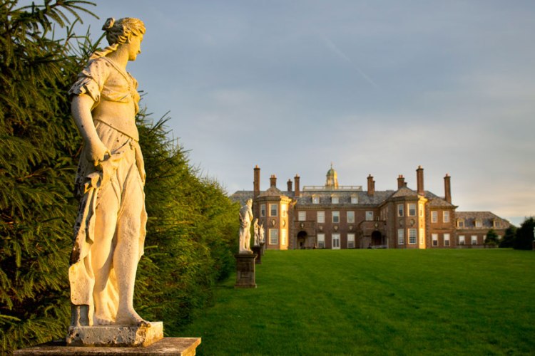 The rear of the Crane Estate, viewed from the lawn and statuary